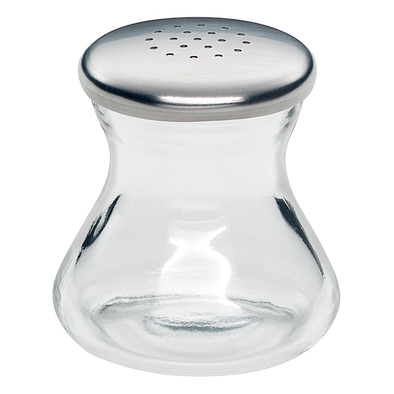 Das Bild zeigt einen Pfefferstreuer mit einem klaren Glasgefäß und einem Deckel aus Metall. Der Pfefferstreuer hat eine runde, bauchige Form und ist 4,5 cm groß.