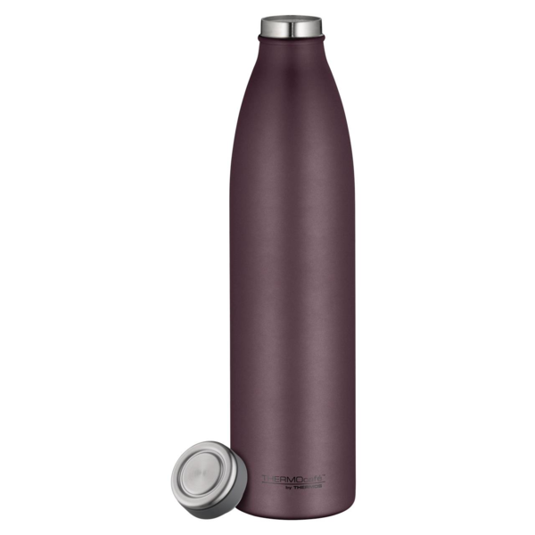 Weinrote Edelstahl-Trinkflasche mit mattem Finish. Die Flasche wirkt hochwertig und modern.