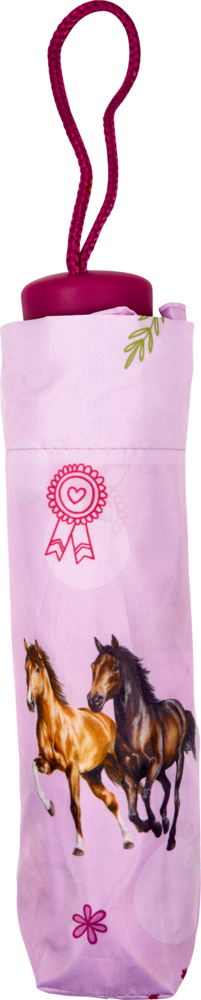 Gezeigt wird der 'Pferdefreunde - Taschenschirm'. Dieser Taschenschirm ist ein praktisches Accessoire für Pferdefreunde.