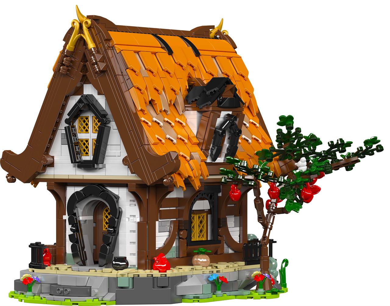 Das Bild zeigt eine mittelalterliche Hütte aus Klemmbausteinen mit einem orangefarbenen Dach. Neben der Hütte steht ein Baum mit roten Äpfeln.