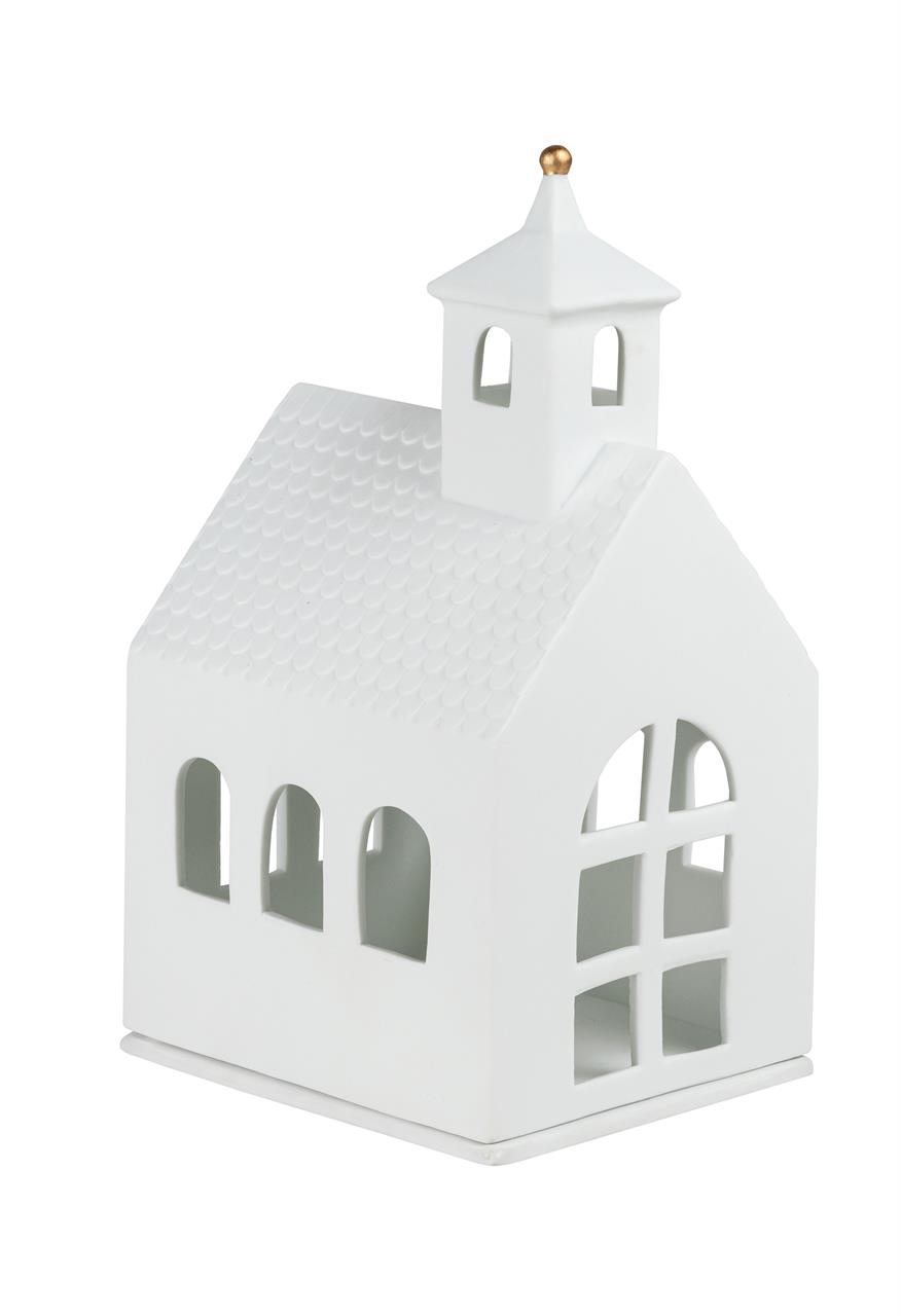 Das Bild zeigt ein weißes Lichthaus in Form einer großen Kapelle mit vielen Fenstern und einem kleinen Turm. Die Maße des Produkts sind 12,5 x 11 x 22,5 cm.