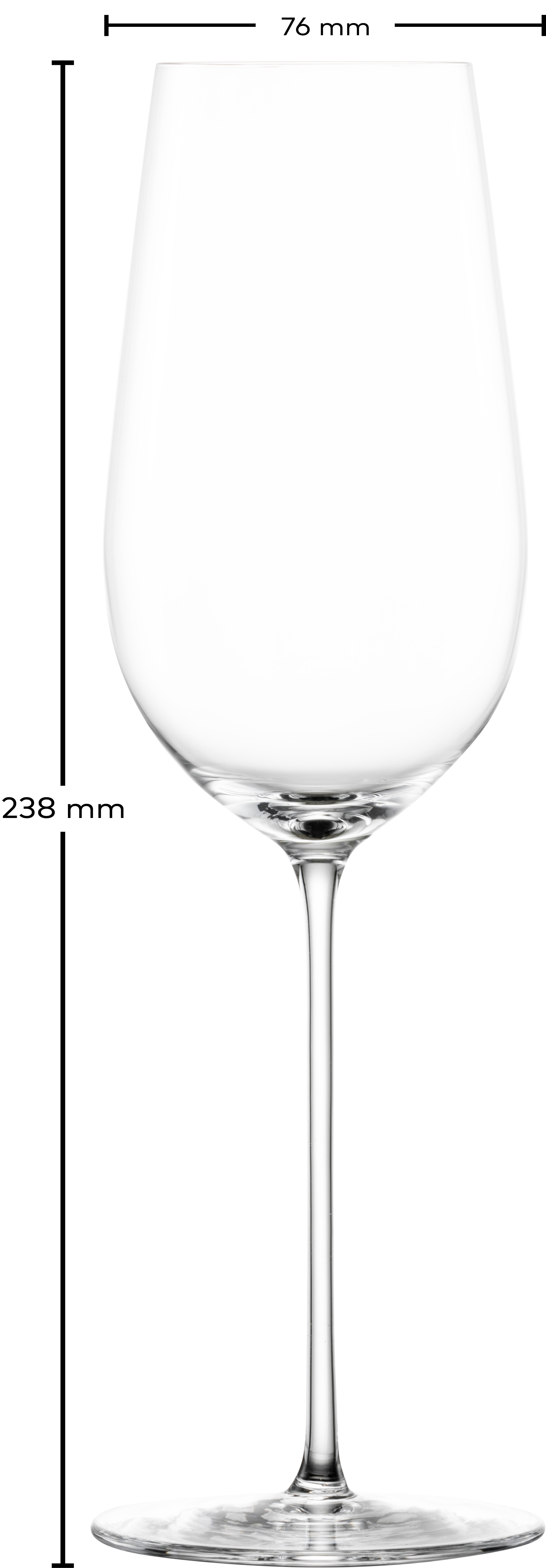 Ein Glas, vermutlich für Schaumwein. Das elegante Gefäß ist schlicht gestaltet.