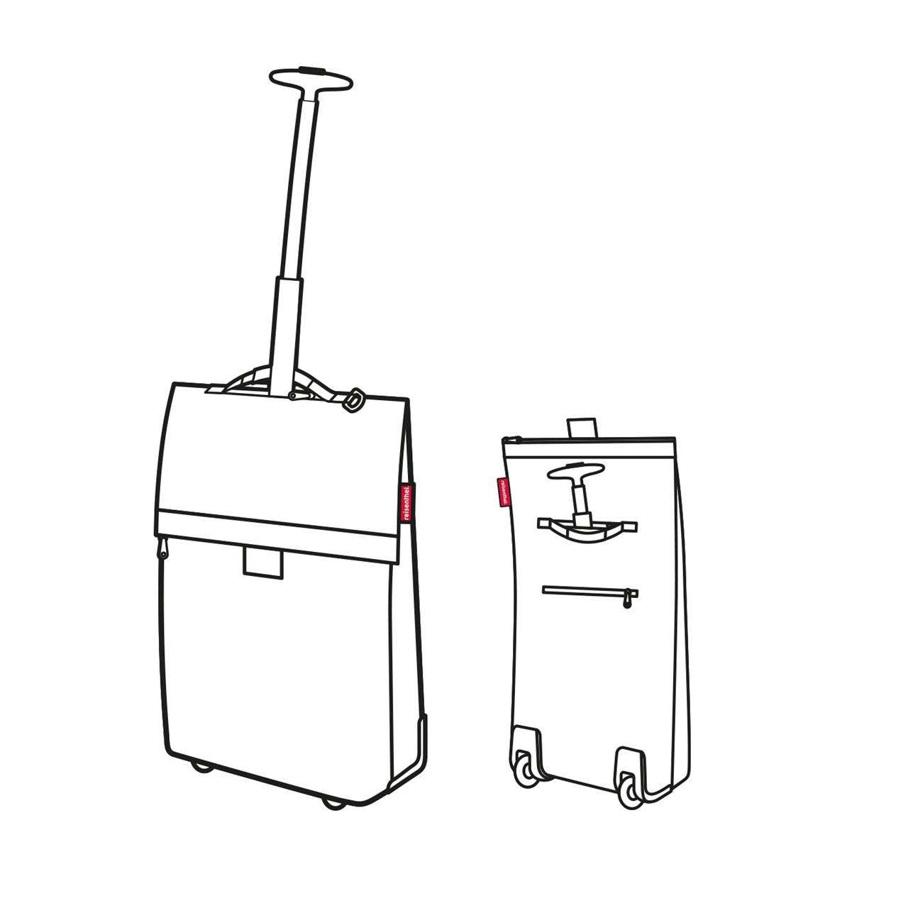 Das Bild zeigt eine Tasche auf Rollen mit ausziehbarem Griff. Die Vorder- und Rückansicht des Produkts "Trolley M dots Tasche auf Rollen" sind abgebildet.