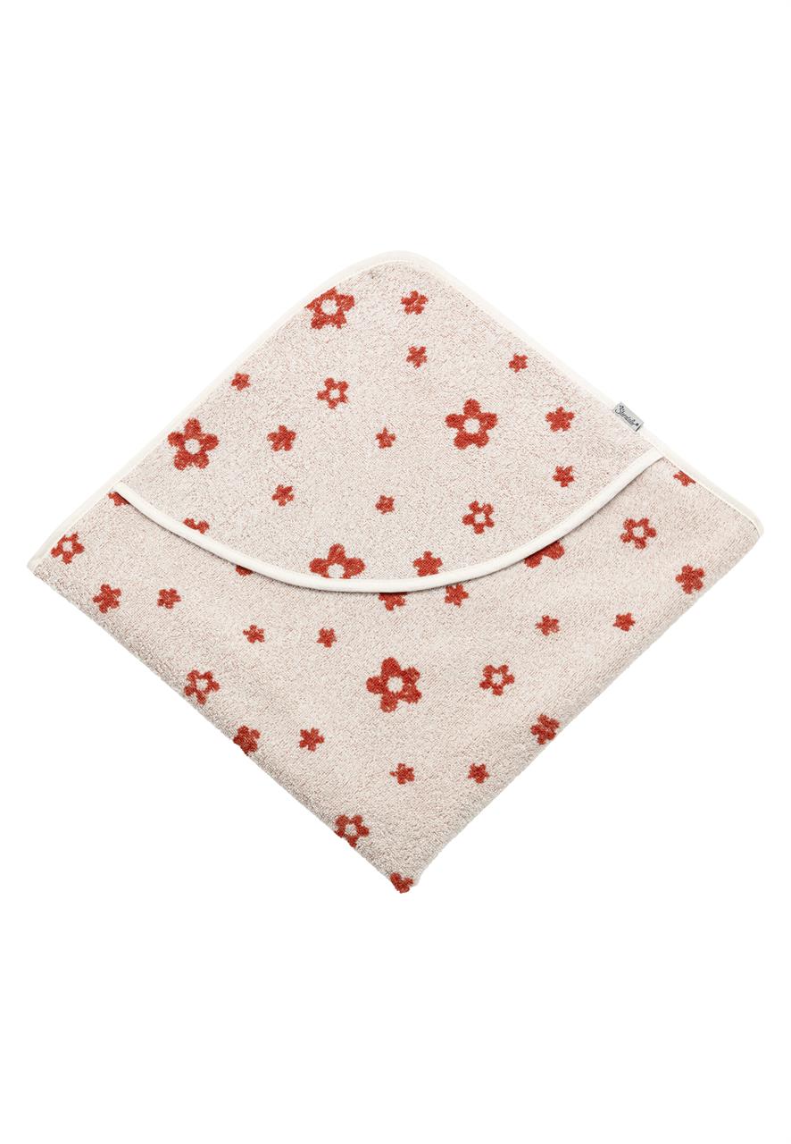 Das Bild zeigt ein beiges Kapuzenbadetuch mit roten Blumenmustern. Es ist sauber gefaltet und hat eine Größe von 80x80 cm.