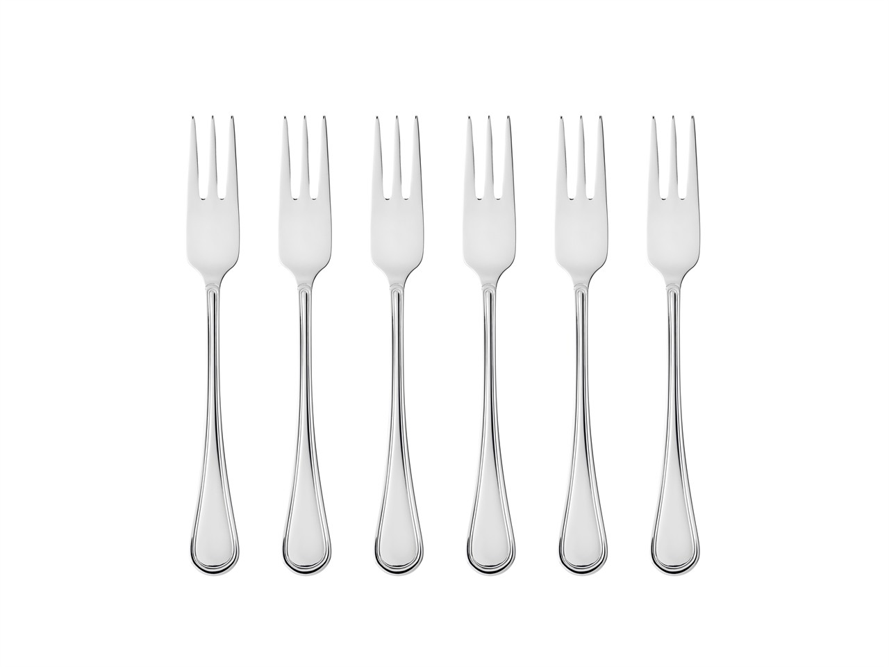 Das Bild zeigt sechs glänzende Kuchengabeln aus der Serie "Oxford". Sie sind ordentlich nebeneinander angeordnet.