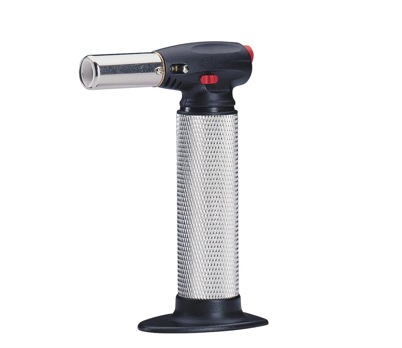 Das Bild zeigt einen Gasbrenner mit einem silbernen Griff und schwarzem Kopf. Der Gas Brenner Profi wird zum Flambieren oder Löten verwendet.