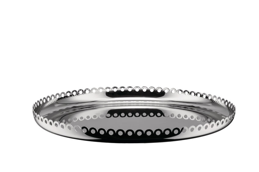 Das Bild zeigt ein rundes Tablett mit einem Durchmesser von 35 cm. Der Rand des Tabletts ist mit einer Reihe von runden Löchern verziert.