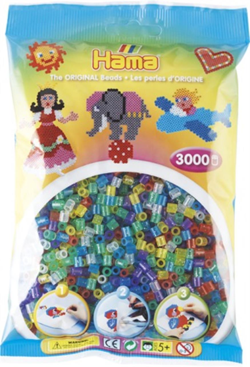 Die Verpackung zeigt eine bunte Mischung aus transparenten Glitzerperlen von Hama mit 3000 Stück. Oben sind Beispiele für Bastelideen mit den Perlen abgebildet.