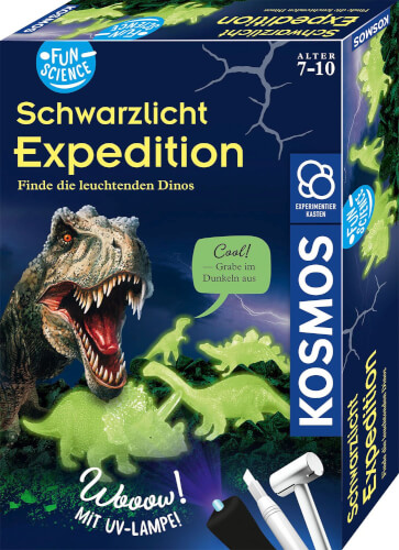 Auf dem Bild ist eine Verpackung des Spiels "Schwarzlicht Expedition" von Kosmos zu sehen. Auf der Vorderseite sind ein Dinosaurier und leuchtende Dino-Fossilien abgebildet.