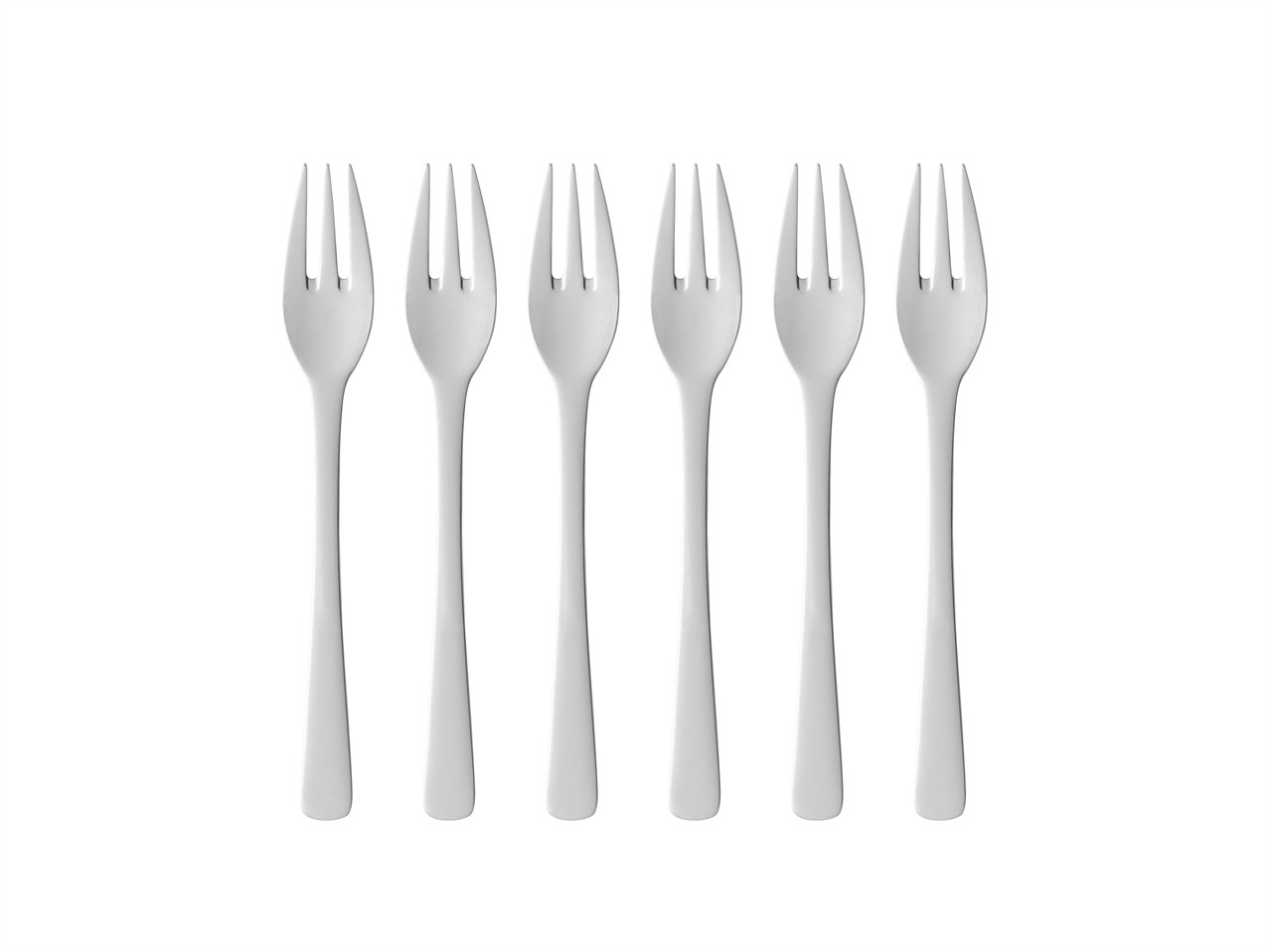 Auf dem Bild sind sechs glänzende Kuchengabeln aus Edelstahl zu sehen. Sie sind in einer Reihe nebeneinander angeordnet.