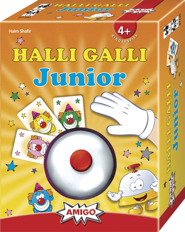 Auf dem Bild ist die Verpackung des Spiels "Halli Galli Junior" zu sehen. Die Schachtel zeigt bunte Clown-Karten, eine Glocke und einen weißen Handschuh.