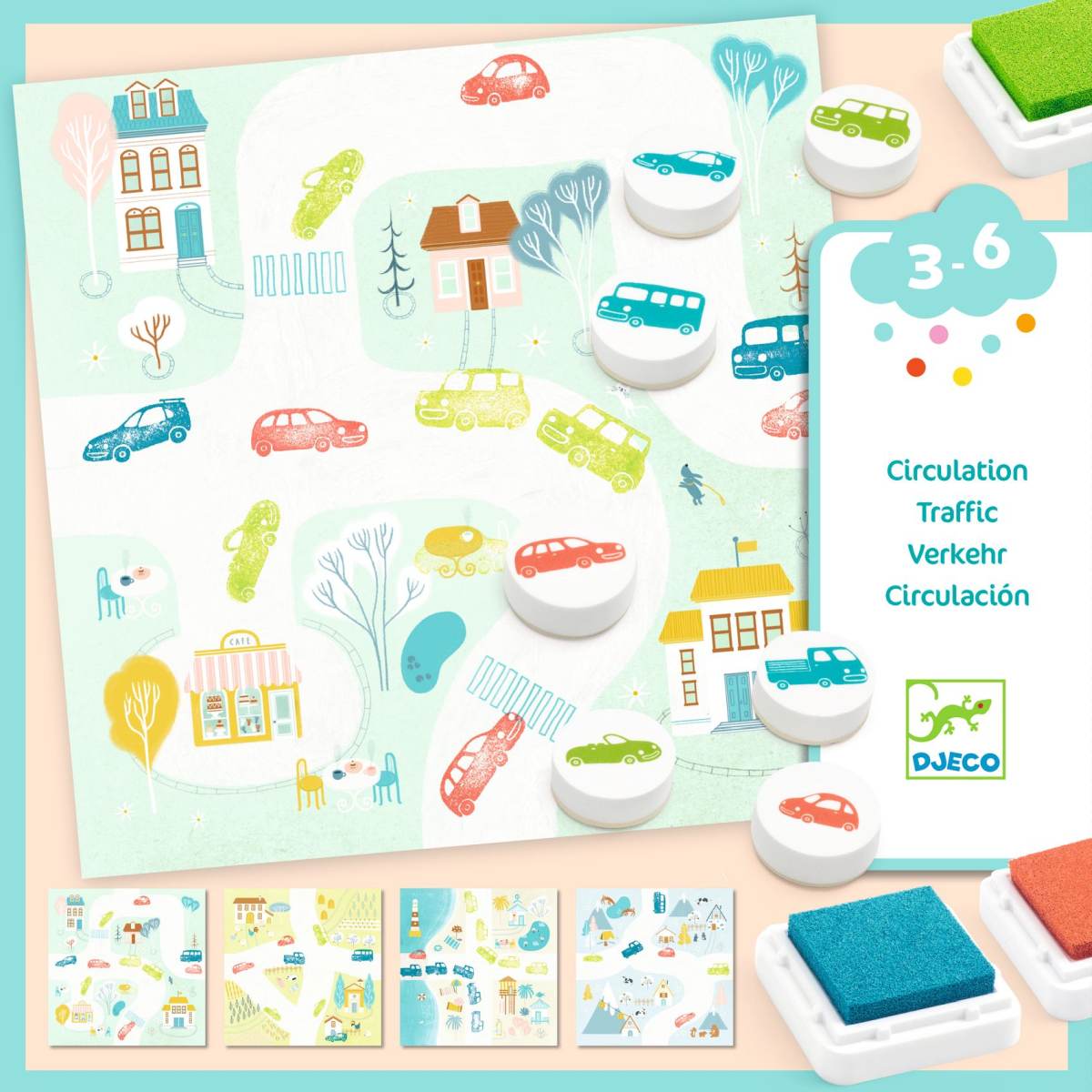 Das Bild zeigt ein Stempelset mit Verkehrsmotiven für Kinder im Alter von 3 bis 6 Jahren. Es sind farbige Stempelkissen, verschiedene Stempel mit Autos und Bussen sowie bebilderte Spielkarten abgebildet.