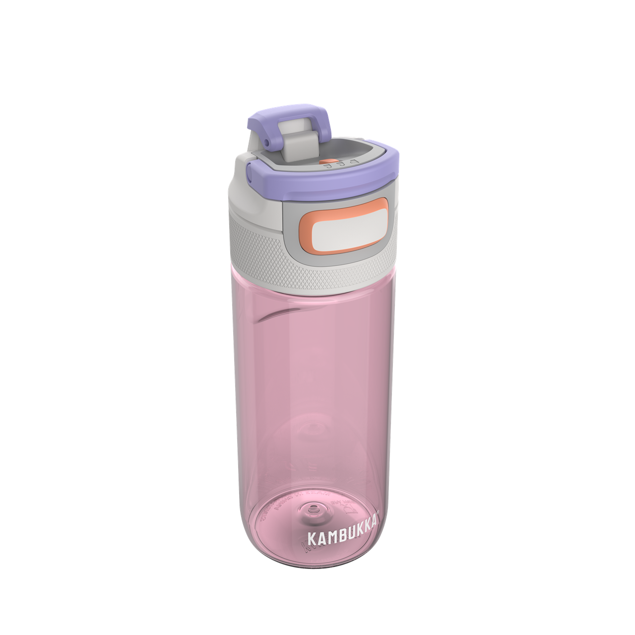 Die Abbildung zeigt eine Trinkflasche mit einem Fassungsvermögen von 0,5 Litern in einem zarten Rosaton. Der Deckel ist grau mit lilafarbenen und orangefarbenen Akzenten gestaltet.