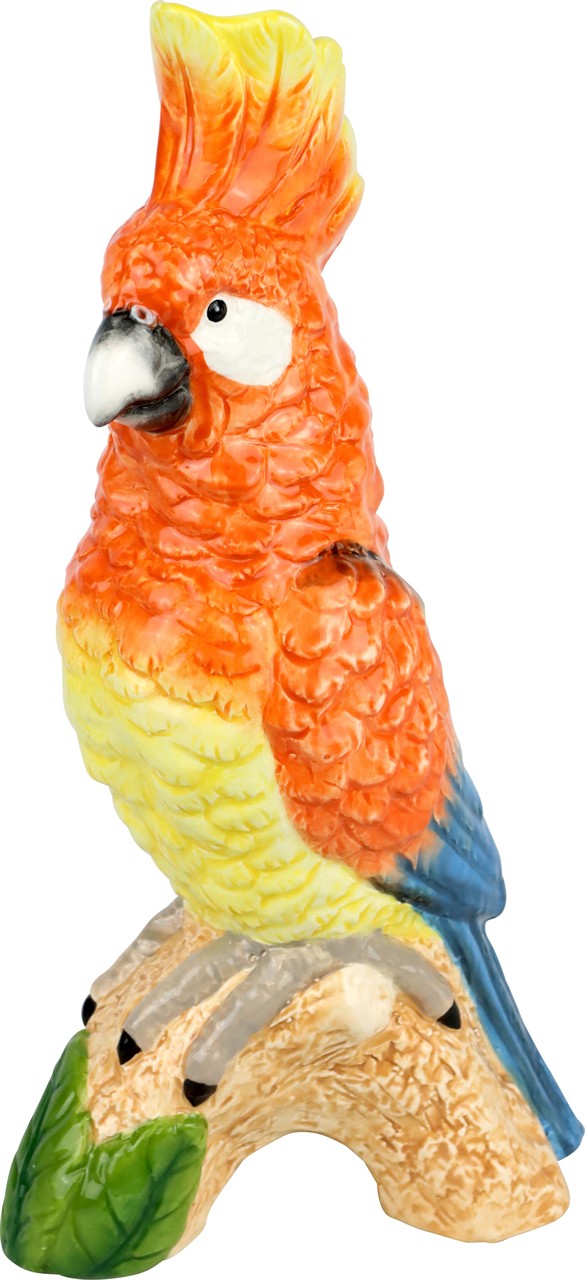 Auf dem Bild ist eine bunte Vase in Form eines Kakadus zu sehen. Die Vase hat leuchtende Farben in Orange, Gelb, Blau und Grün.