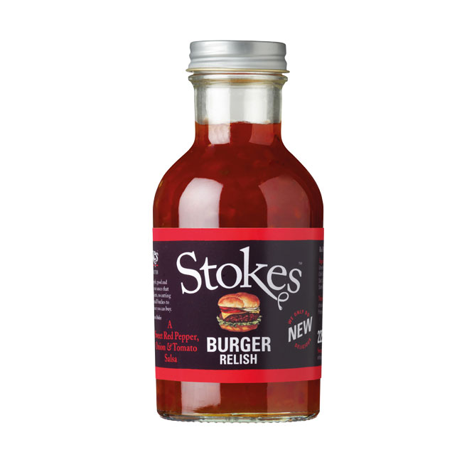 Dies ist eine Flasche Stokes Burger Relish mit 265 ml Inhalt. Die Verpackung ist dunkelviolett mit einem Bild eines Burgers auf dem Etikett.