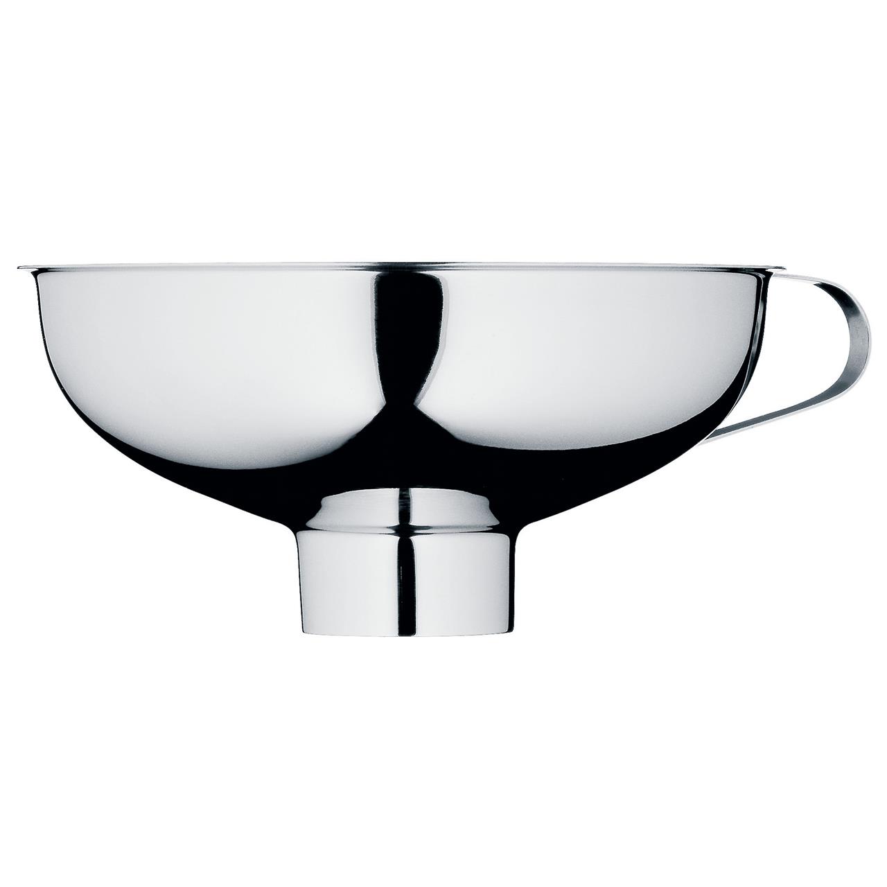 Auf dem Bild ist ein Marmeladentrichter aus Metall zu sehen. Er hat eine breite Öffnung und einen praktischen Griff an der Seite.