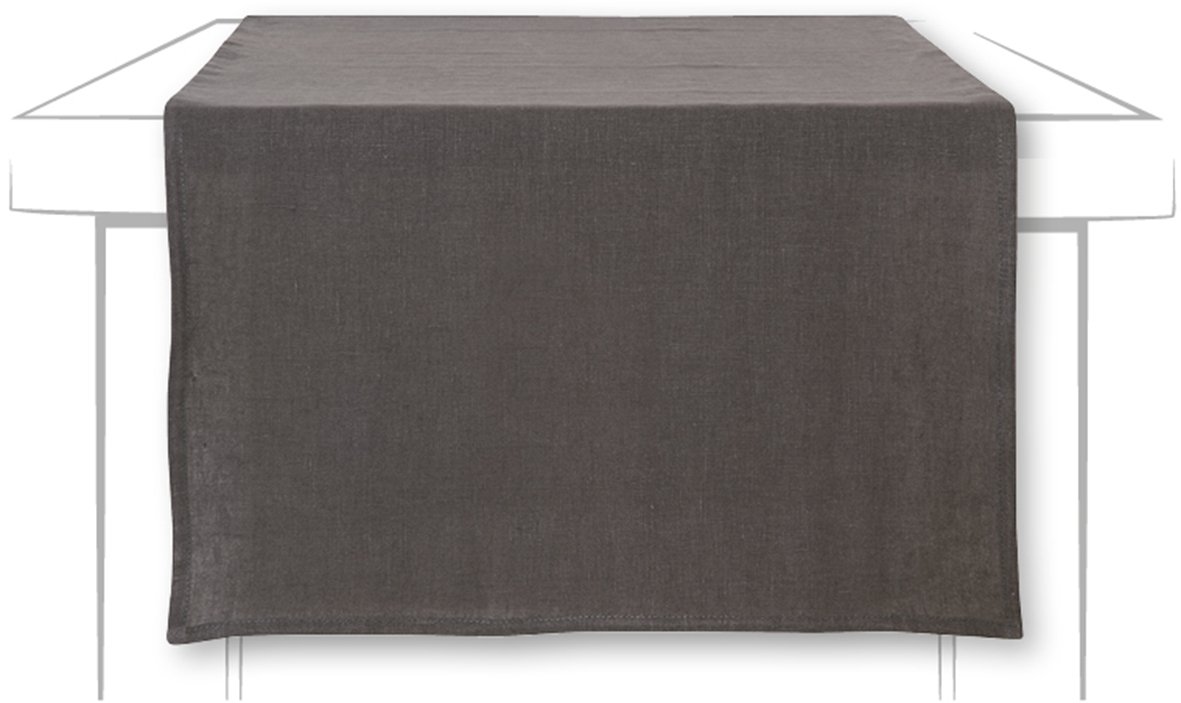 Dies ist ein Tischläufer aus Leinen in der Farbe Anthrazit. Er misst 45 x 150 cm und liegt mittig auf einem Tisch.