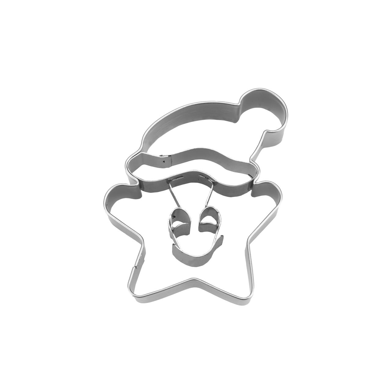 Das Bild zeigt einen Ausstecher in Form eines Sterns mit einer Mütze, 6,5 cm groß. Das Innere des Ausstechers bildet ein fröhliches Gesicht.