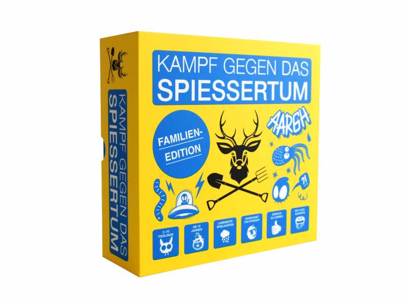 Das Bild zeigt die Verpackung des Spiels "Kampf gegen das Spießertum Familien-Edition". Die Schachtel ist gelb mit blauen und schwarzen Illustrationen und Texten gestaltet.