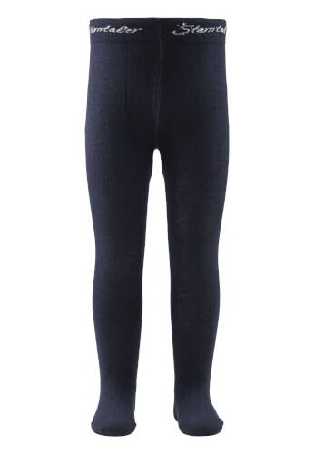 Auf dem Bild sind dunkle Kinderstrumpfhosen zu sehen. Am Bund steht ein Schriftzug in weißer Farbe.