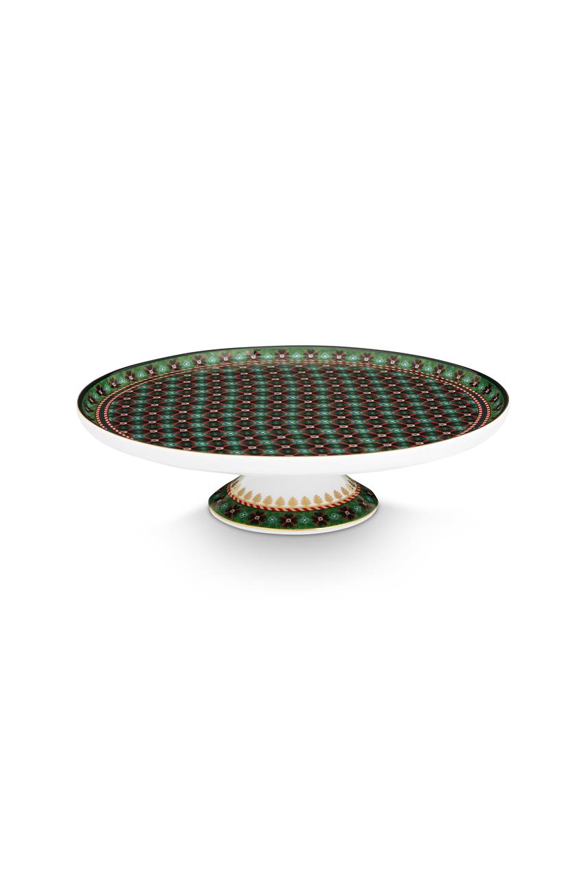 Die Abbildung zeigt eine kleine Tortenplatte mit dem Namen „Berry Blues“ in der Farbe kleegrün und einem Durchmesser von 21 cm. Die Platte hat ein dekoratives Muster mit grünen und bunten Elementen auf einem weißen Standfuß.