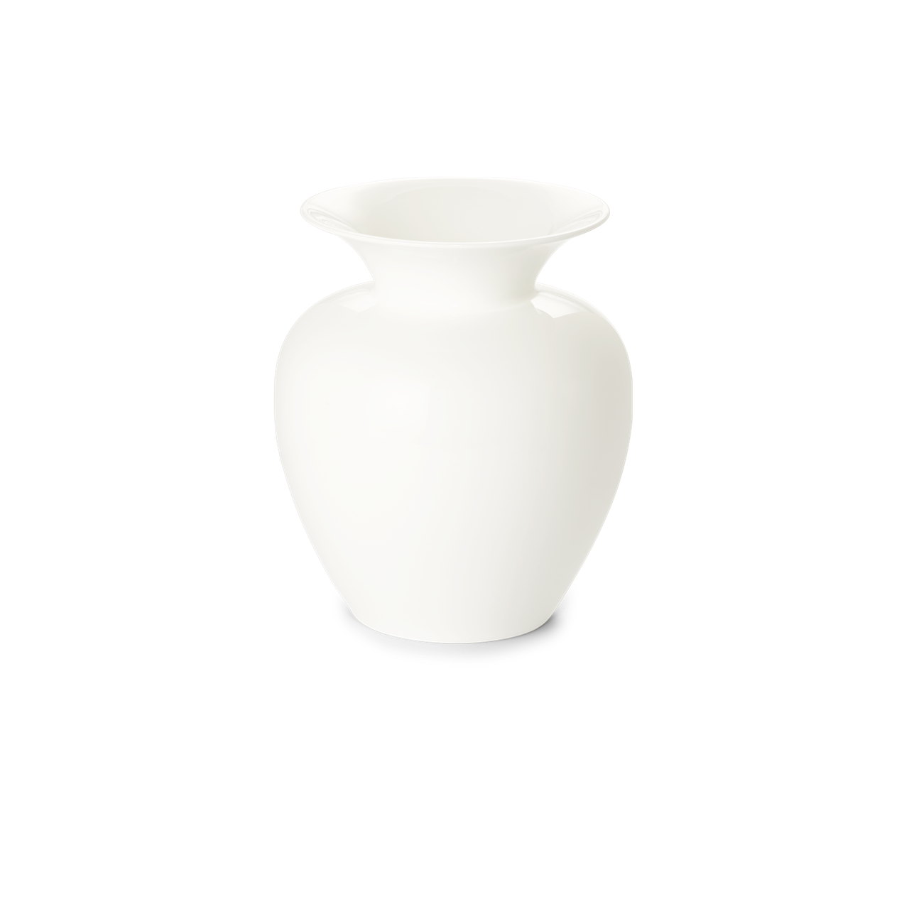 Dies ist eine klassische weiße Vase aus Fine Bone China mit einer Höhe von 18 cm. Sie hat eine elegante, bauchige Form und einen weiten Rand.