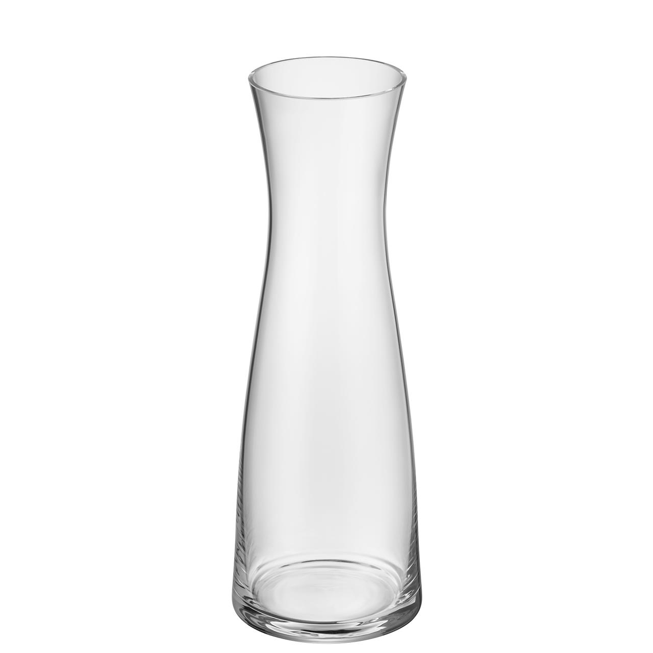 Die Abbildung zeigt eine schlichte, transparente Glaskaraffe mit einem Fassungsvermögen von 1,0 Liter. Sie hat eine elegante, taillierte Form und eignet sich ideal als Ersatzglas.