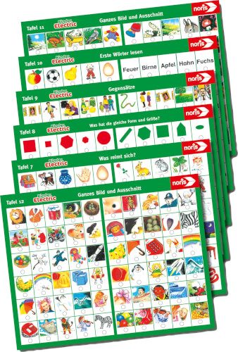 Die Abbildung zeigt mehrere bunte Lernkarten für Kinder mit verschiedenen Bildern und Aufgaben. Die Karten sind auf Deutsch beschriftet und stammen von der Marke Noris.