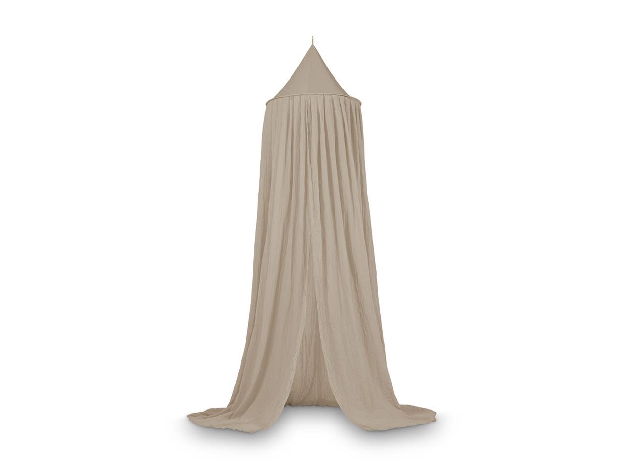 Das Bild zeigt einen Baldachin Betthimmel in der Farbe Nougat. Der Stoff ist 245 cm lang und fällt elegant bis zum Boden.