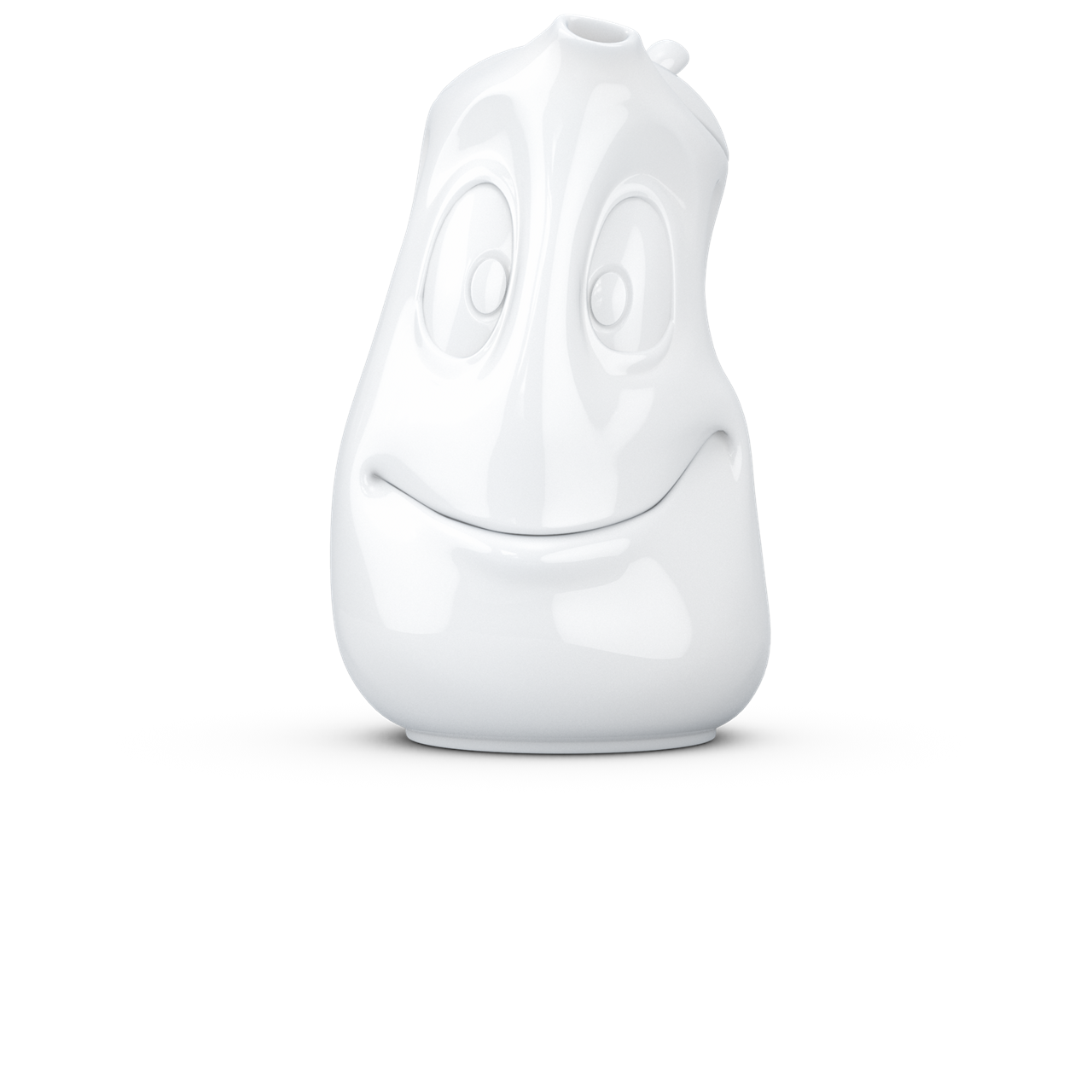 Die Abbildung zeigt die Kanne "Gut Drauf" in Weiß mit einem Fassungsvermögen von 1200 ml. Die Kanne hat ein fröhliches Gesicht mit großen Augen und einem lächelnden Mund.