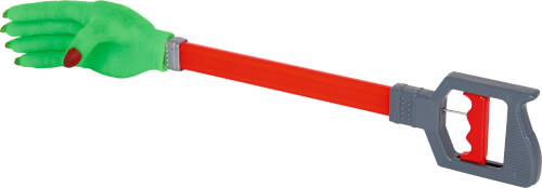 Das Bild zeigt eine Greifzange mit einer grünen Hand am Ende. Der Griff ist grau und der Stab ist rot.