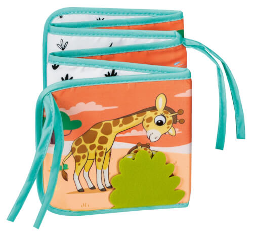 Auf dem Bild ist ein buntes Kinderbuch mit einer Giraffe auf dem Cover zu sehen. Das Buch hat Schleifen zum Zubinden und zeigt eine grüne Buschlandschaft.