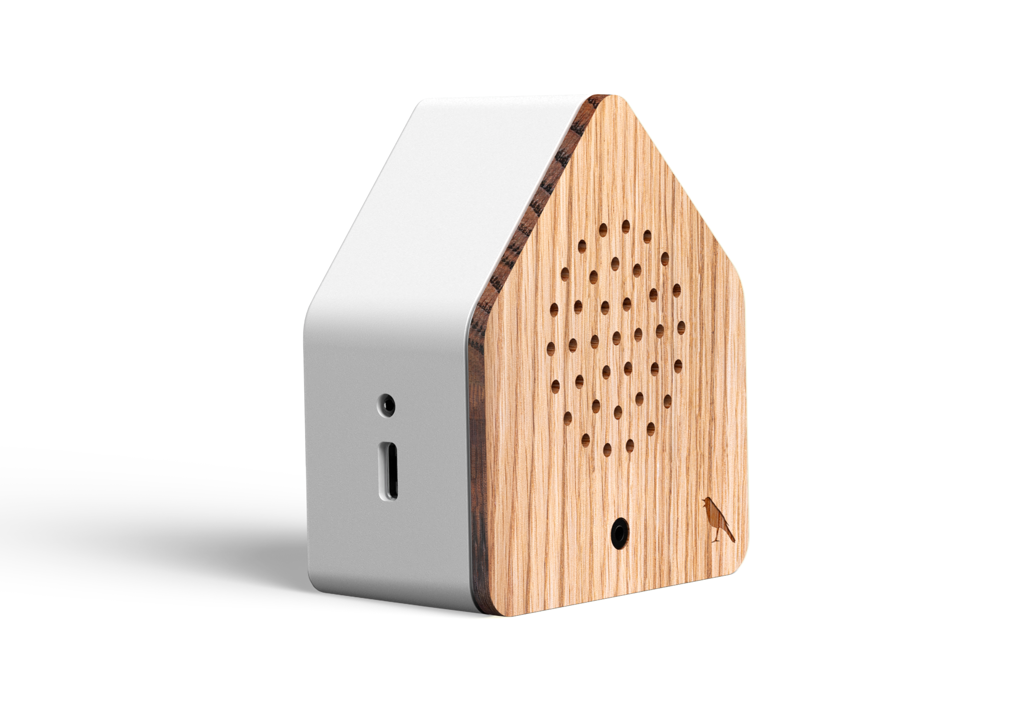 Dies ist die Satellitebox Nightingale Wood. Das Produkt hat ein Holzdesign mit Vogelmotiv.