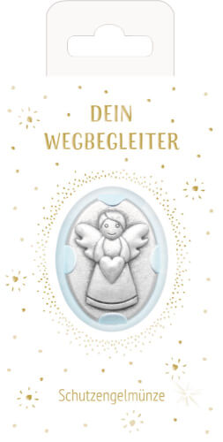 Auf dem Bild ist eine Schutzengelmünze mit einem Engel, der ein Herz hält, zu sehen. Darüber steht der Text „DEIN WEGBEGLEITER“ und darunter „Schutzengelmünze“.