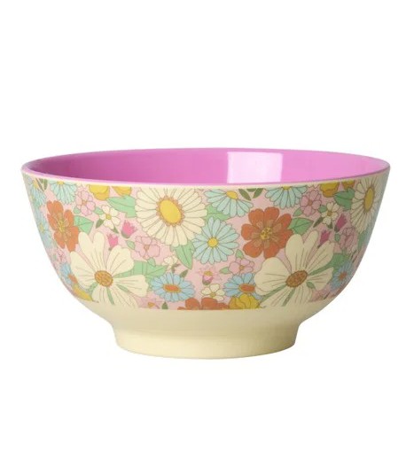Zu sehen ist eine mittlere Melaminschale mit Flower Power Motiv. Die Schale ist bunt und perfekt für fröhliche Tischdekorationen.