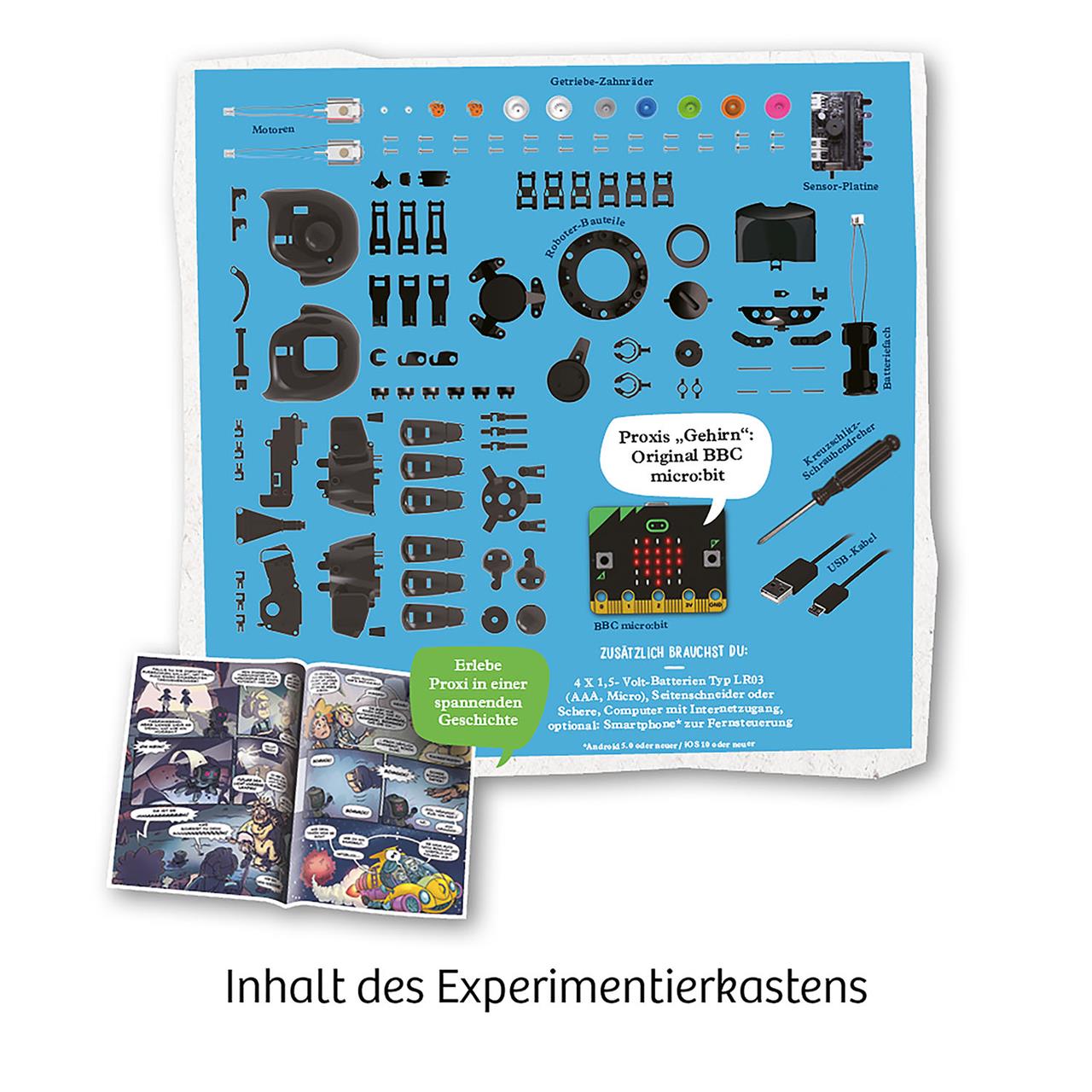 Das Bild zeigt den Inhalt des Experimentierkastens "Proxi - Dein micro:bit Programmier-Roboter" mit zahlreichen Bauteilen und einer Anleitung. Unten links ist ein Comic-Heft zu sehen, das Teil des Sets ist.