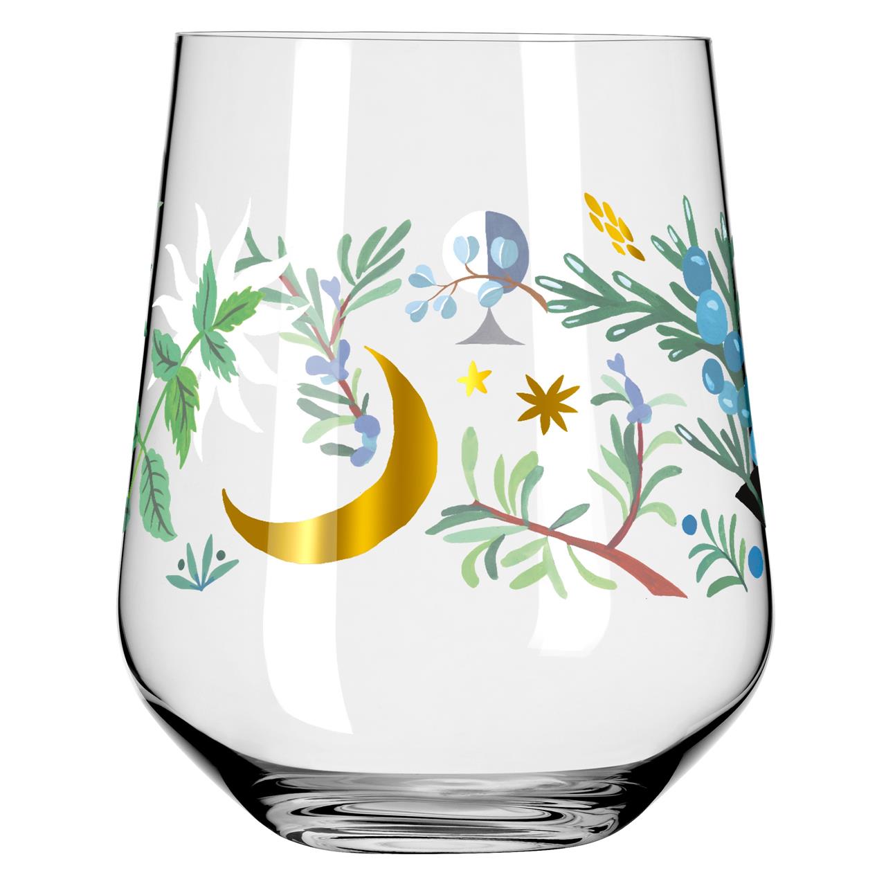 Das Glas zeigt ein buntes botanisches Muster mit goldfarbenem Mond und Sternen. Es ist Teil des Produkts "Botanic Glamour Gin Tumbler 2er 7 8 GWAW H23".