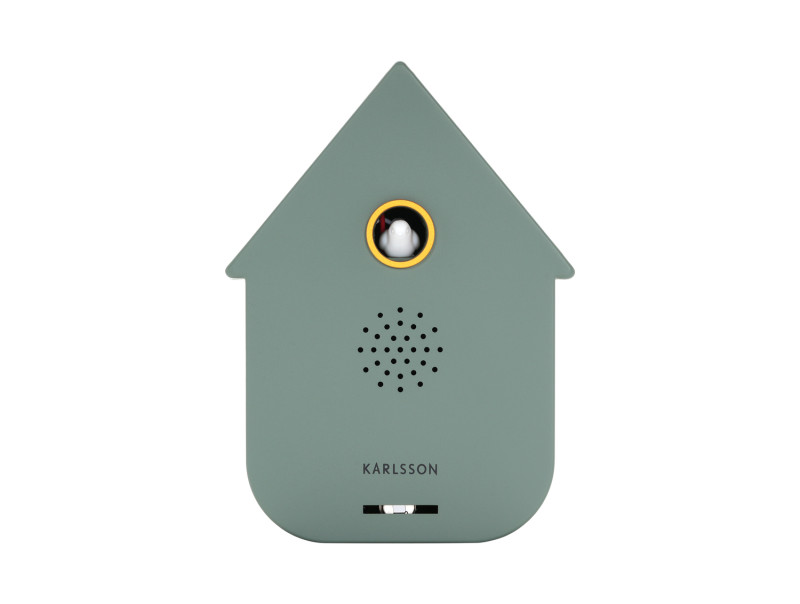 Dies ist eine Soundbox Modern Cuckoo in Dschungelgrün. Das Foto hebt die Farbe und das Design hervor.