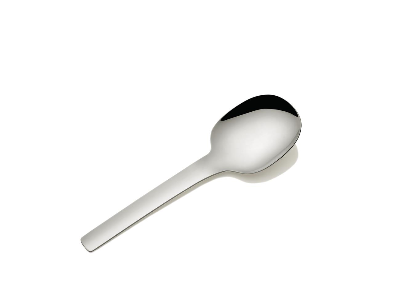 Auf dem Bild ist der Servierlöffel Tibidabo zu sehen. Er besteht aus glänzendem Metall und hat ein schlichtes, modernes Design.