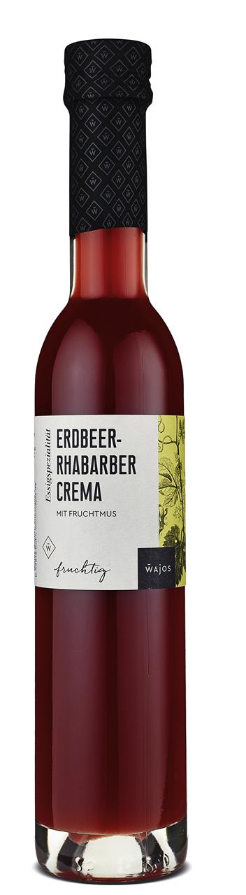 Auf dem Bild ist eine Flasche Erdbeer-Rhabarber Crema mit Fruchtmus von Wajos zu sehen. Es handelt sich um eine Essigzubereitung mit 4% Säure in einer 250 ml Flasche.