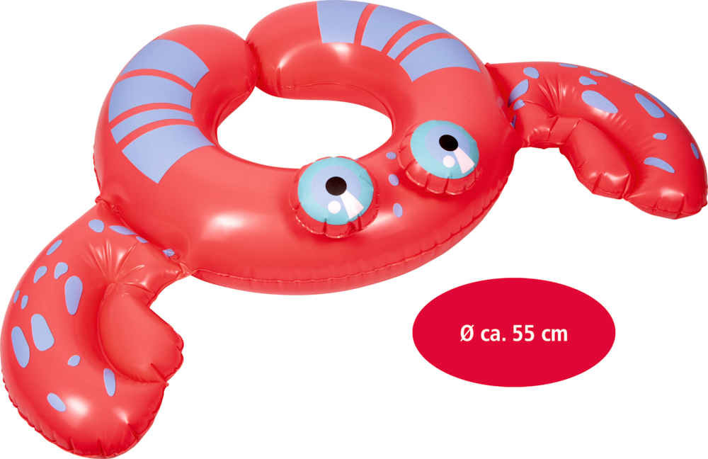 Der Sommerkinder-Wasserring Krabbe ist ein aufblasbarer Schwimmring in Form einer roten Krabbe mit lustigen Augen. Er hat einen Durchmesser von ca. 55 cm.
