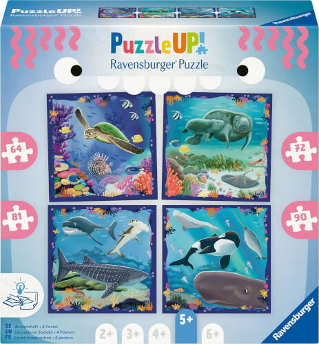 Auf dem Bild ist eine Ravensburger Puzzle-Box mit vier verschiedenen Meerestier-Motiven zu sehen. Jedes Puzzle hat eine unterschiedliche Anzahl an Teilen und ist für Kinder ab 5 Jahren geeignet.