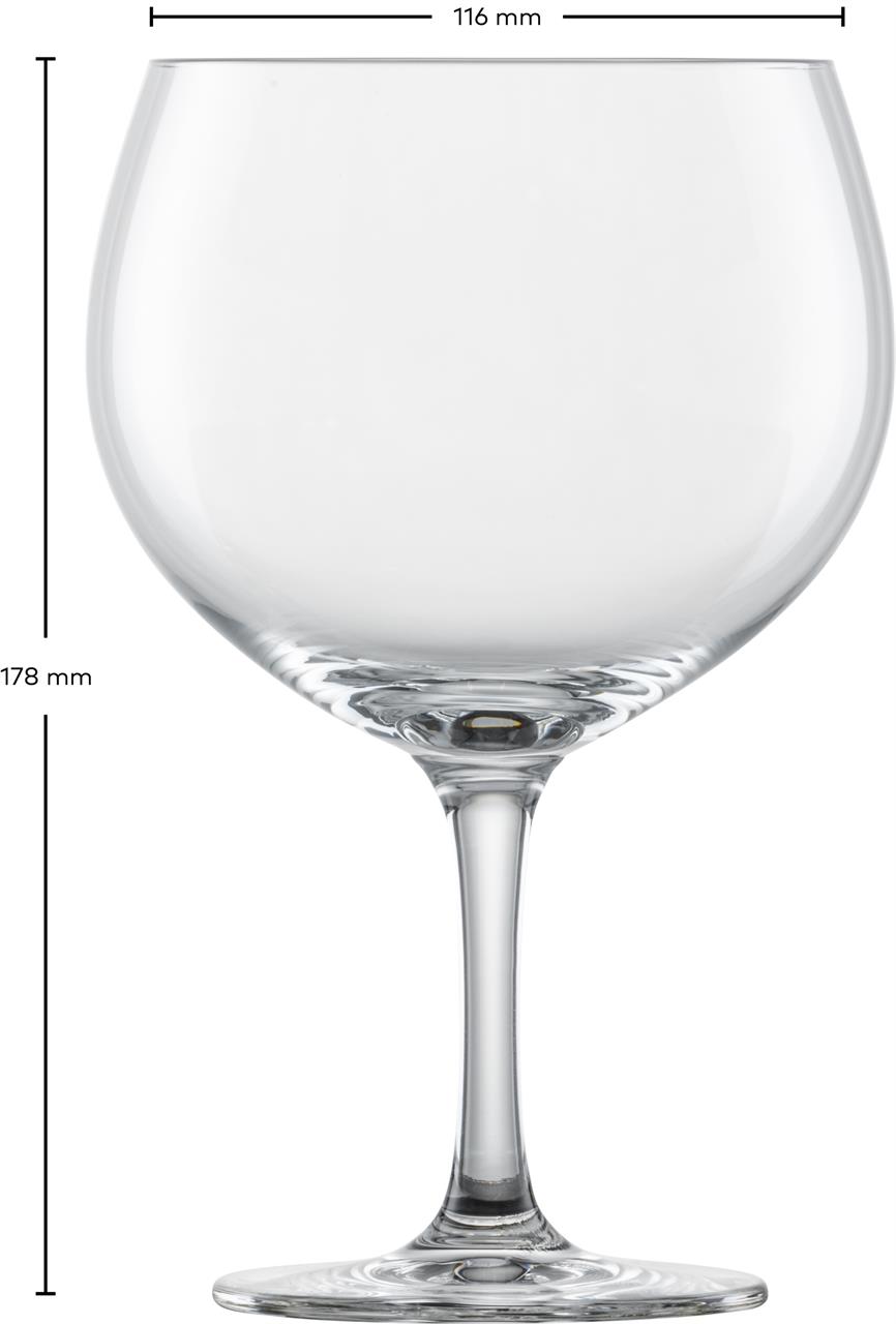 Das Bild zeigt ein großes Glas mit einem Stiel, das für Gin Tonic gedacht ist. Das Glas ist 178 mm hoch und hat einen Durchmesser von 116 mm.