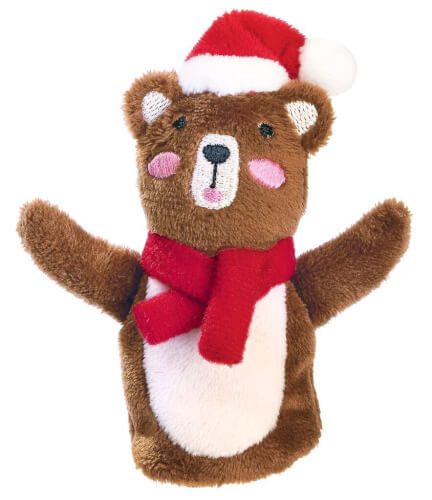 Das Bild zeigt einen Plüschbären mit einer roten Weihnachtsmütze und einem roten Schal. Der Bär hat braunes Fell und hebt beide Arme hoch.