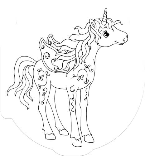 Das Bild zeigt ein Einhorn mit einer Mähne, Schweif und Horn. Auf seinem Körper sind verschnörkelte Muster und kleine Blumen zu sehen.