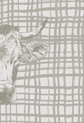 Auf dem Geschirrtuch ist eine gezeichnete Kuh im modernen Stil zu sehen. Der Hintergrund besteht aus einem taupefarbenen Karomuster.