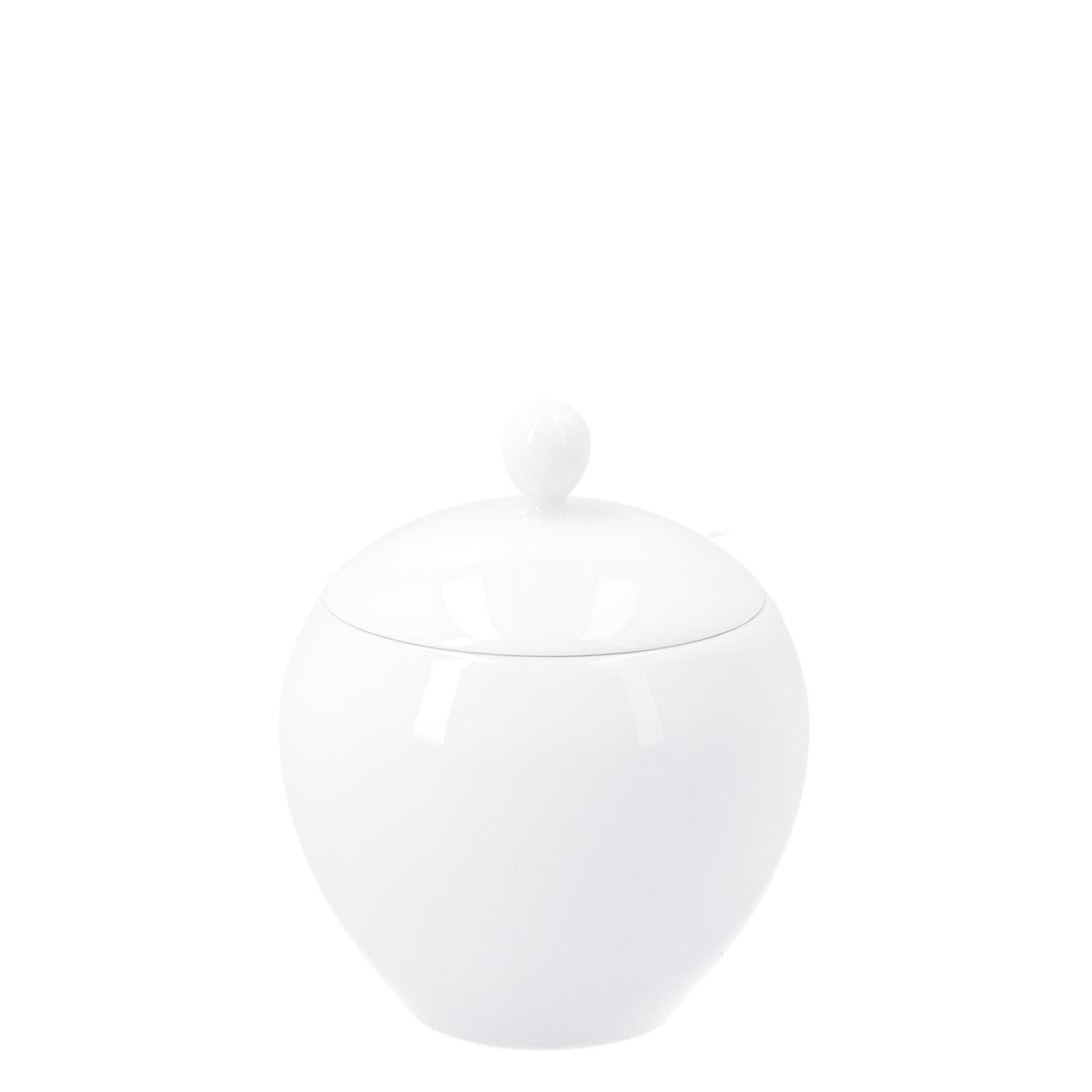 Die Abbildung zeigt eine große Zuckerdose mit einem Fassungsvermögen von 0,22 Litern aus der Serie Urbino. Die Dose ist weiß und hat eine runde Form mit einem Deckel und einem kugelförmigen Griff.