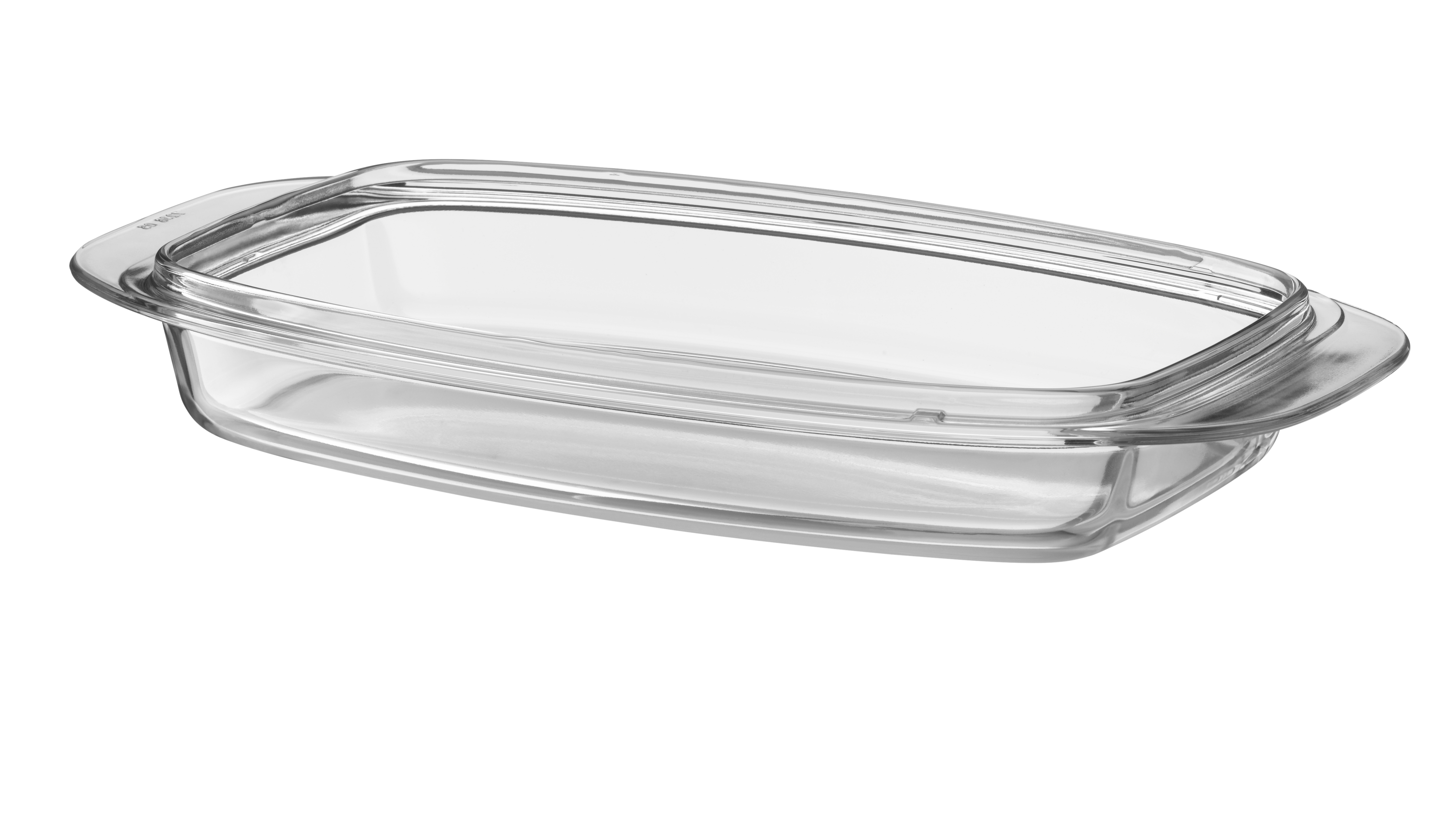 Auf dem Bild ist eine rechteckige Glasauflaufform mit Deckel zu sehen. Sie ist transparent und steht auf einem weißen Hintergrund.