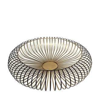 Dies ist eine dekorative Korbschale in antikem Gold mit einem Durchmesser von 60 cm und einer Höhe von 13 cm. Sie besteht aus Metallstreben, die sich elegant nach außen wölben.