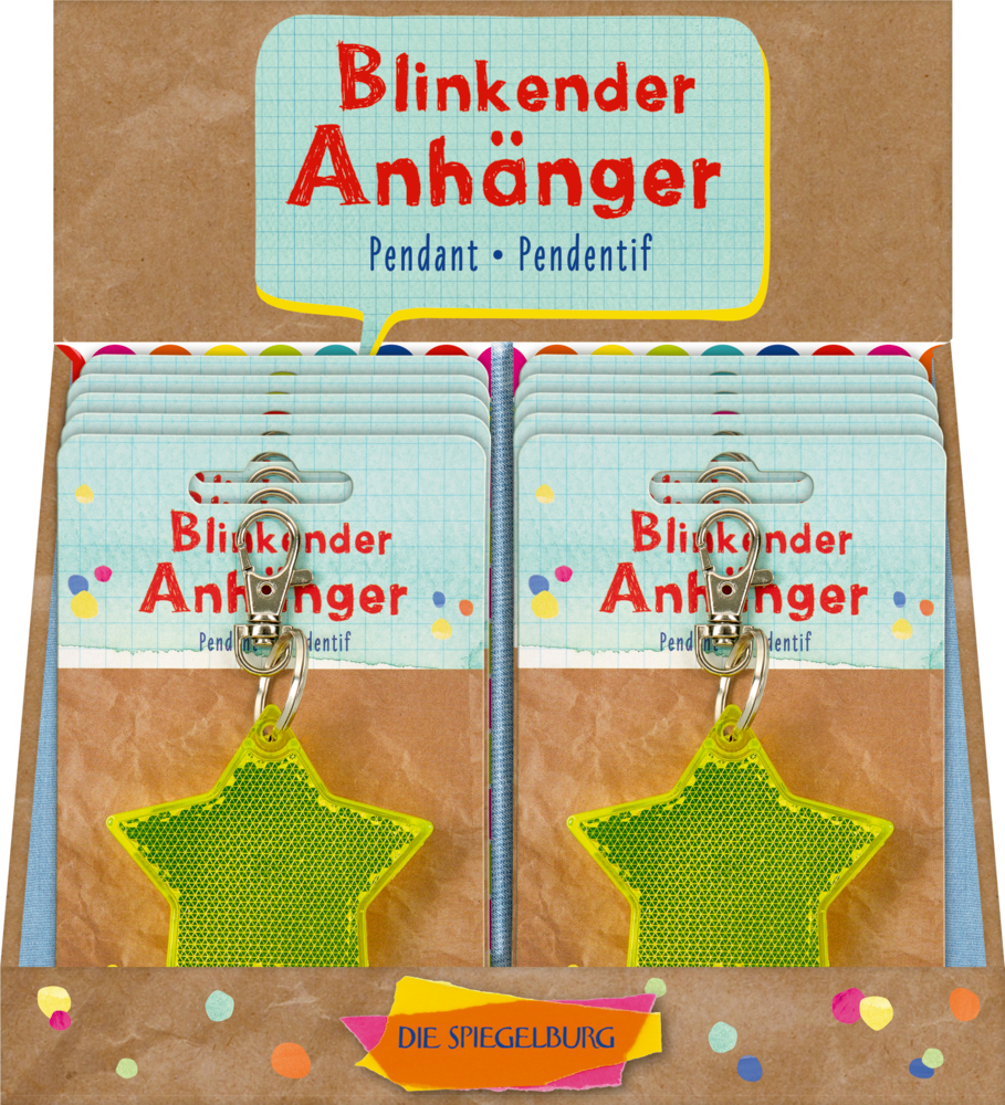 Das Produkt heißt 'Bunte Geschenke - Blinkender Anhänger Stern'. Es ist ein leuchtender Anhänger in Sternform für Kinder.